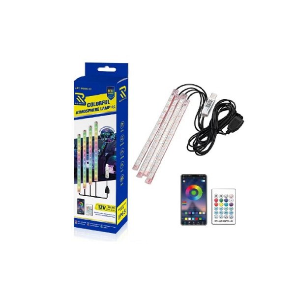 4 λάμπες 4*22cm 48LED 12V RGB ατμοσφαιρικού φωτισμού αυτοκινήτου με τηλεχειριστήριο USB και έλεγχος μέσω APP (W09485-10)