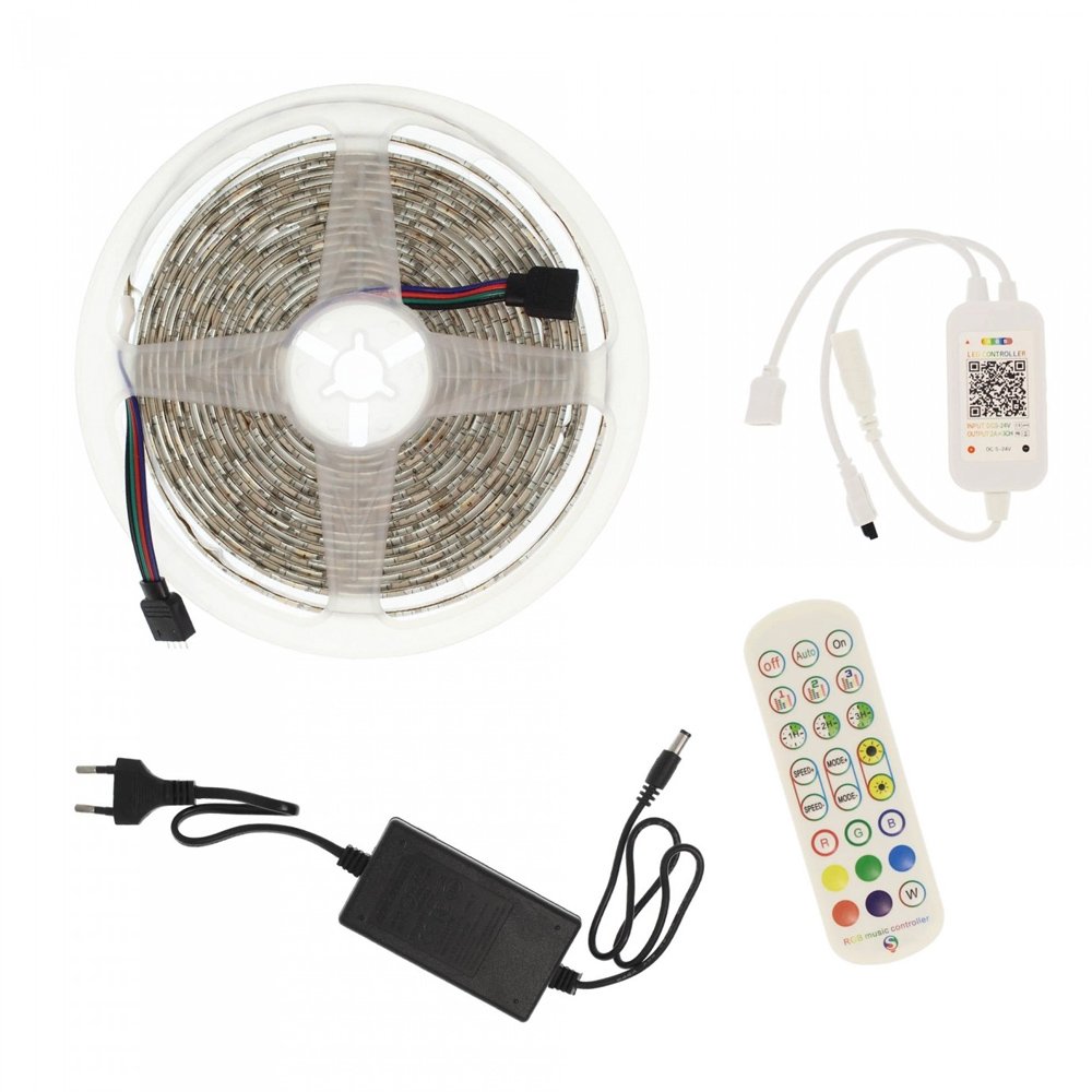 Αδιάβροχη LED Ταινία 12V 5m με Τηλεχειριστήριο, Bluetooth και Τροφοδοτικό RGB IP65 (RZ-0009)