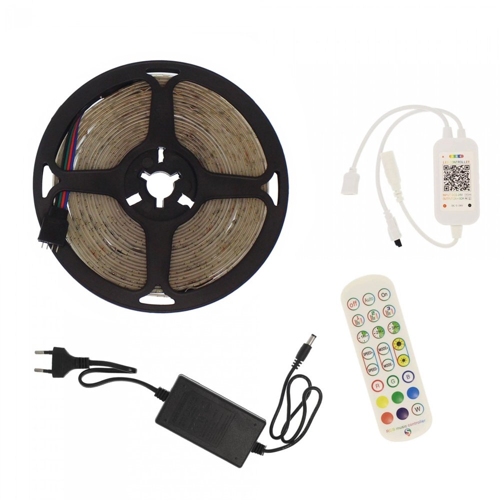 Αδιάβροχη LED Ταινία 12V 5m με Τηλεχειριστήριο, Bluetooth και Τροφοδοτικό RGB IP65 (RZ-0010)