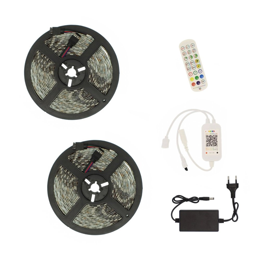 Αδιάβροχη LED Ταινία 12V 10m (2x5m) με Τηλεχειριστήριο, Bluetooth και Τροφοδοτικό Music RGB IP65 (RZ-0011)