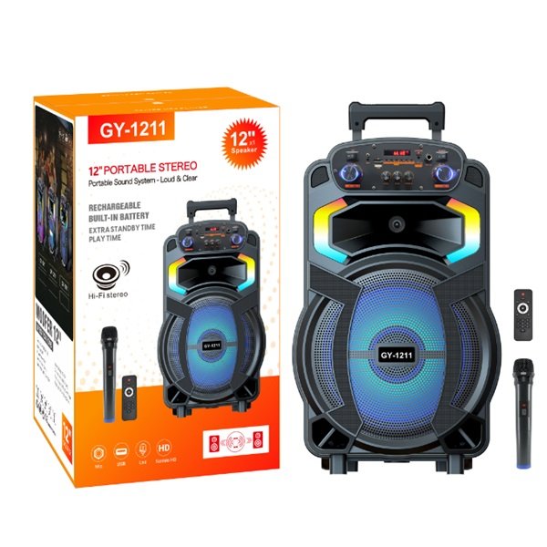 Ασύρματο ηχείο Karaoke Partybox Bluetooth με ροδάκια, ηχείο subwoofer 40W 12″ με ασύρματο μικρόφωνο, τηλεχειριστήριο και πολύχρωμο φωτισμό (GY-1201)