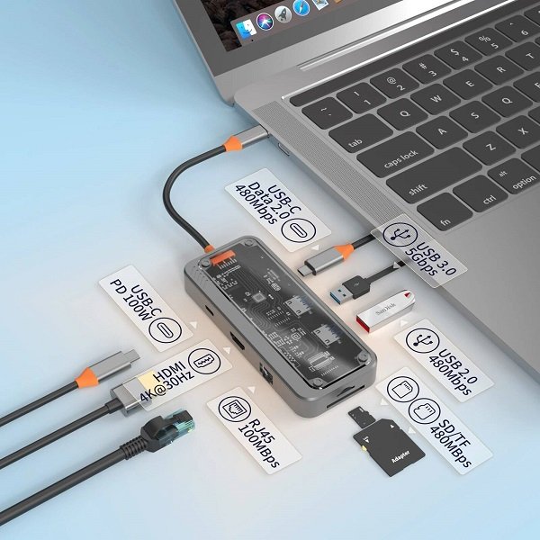 Διανομέας 8 σε 1 Type-C Με 2 Θύρες USB-3.0, 2 Θύρες Type-C, 1 Θύρα HDTV, 1 Θύρα LAN, Θύρες TF/SD 100W A-013 Διαφανής θήκη
