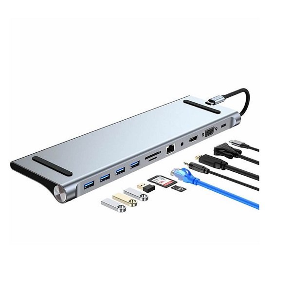 Διανομέας Type-c 11 σε 1 με 4 Θύρες USB, 1 Type-C, HDMI, VGA, Card Reader, Ethernet & Audio Jack 3,5 mm (A-014)