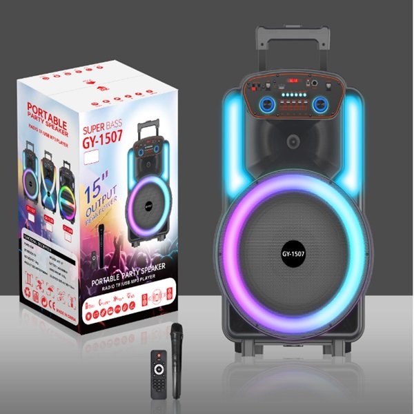 Ασύρματο ηχείο Karaoke Partybox Bluetooth με ροδάκια, ηχείο subwoofer 50W 15″ με ασύρματο μικρόφωνο, τηλεχειριστήριο και RGB φωτισμό (GY-1507)