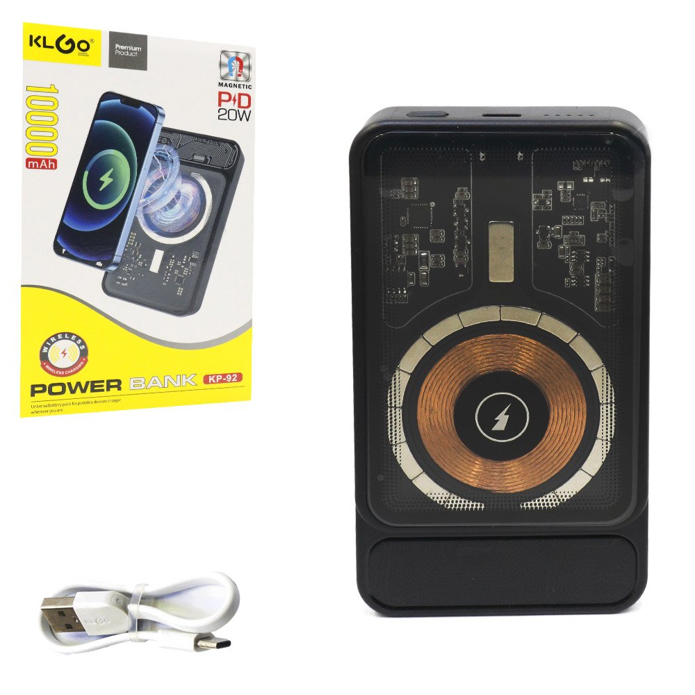 Powerbank 10000 mAh με 1 Θύρα Type-c και Ασύρματη Φόρτιση PD20W KLGO Μαύρο (KP-92)