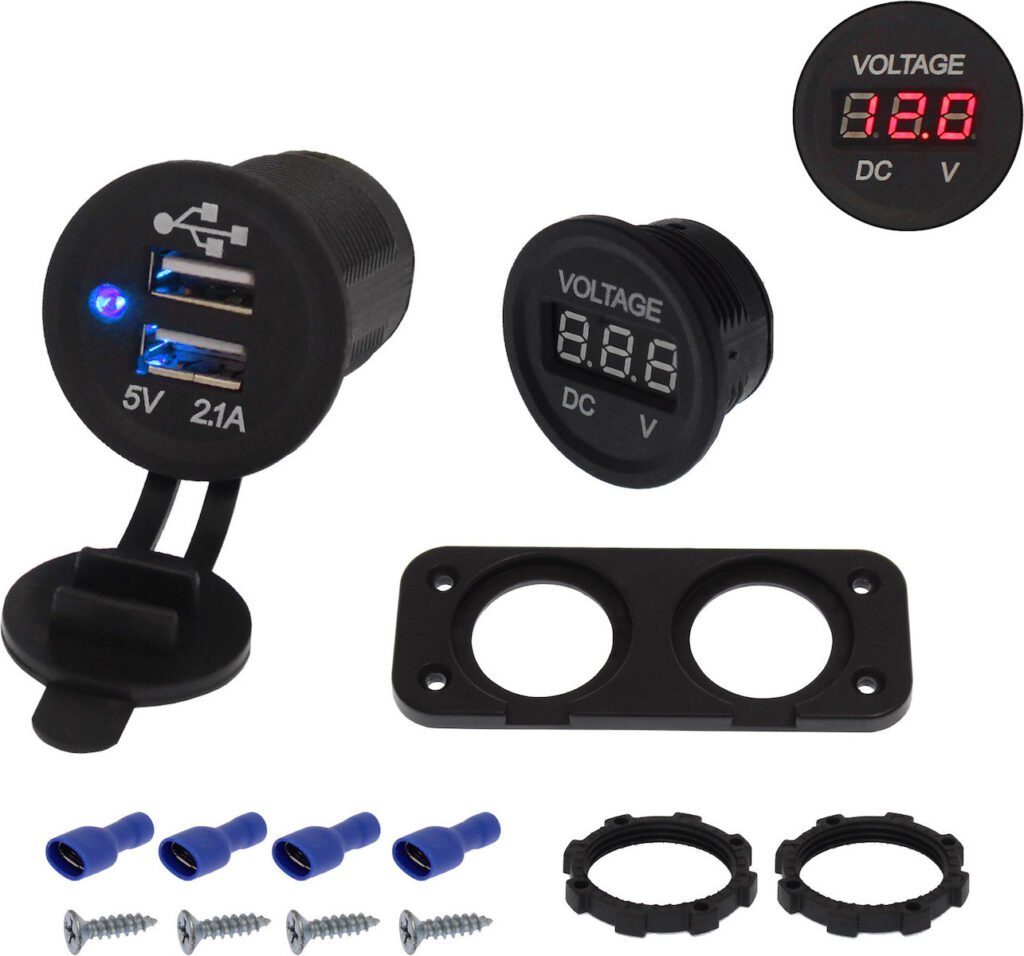 Σετ Βολτόμετρο 12V – 24V και USB Φορτιστής Διπλός με βάση πάνελ IP65 Κόκκινο (W11851-1)
