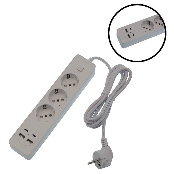 Πολύμπριζο 3 Θέσεων με Διακόπτη 2 θύρες USB 2 θύρες TYPE-C με καλώδιο 2μ. (OG2203)
