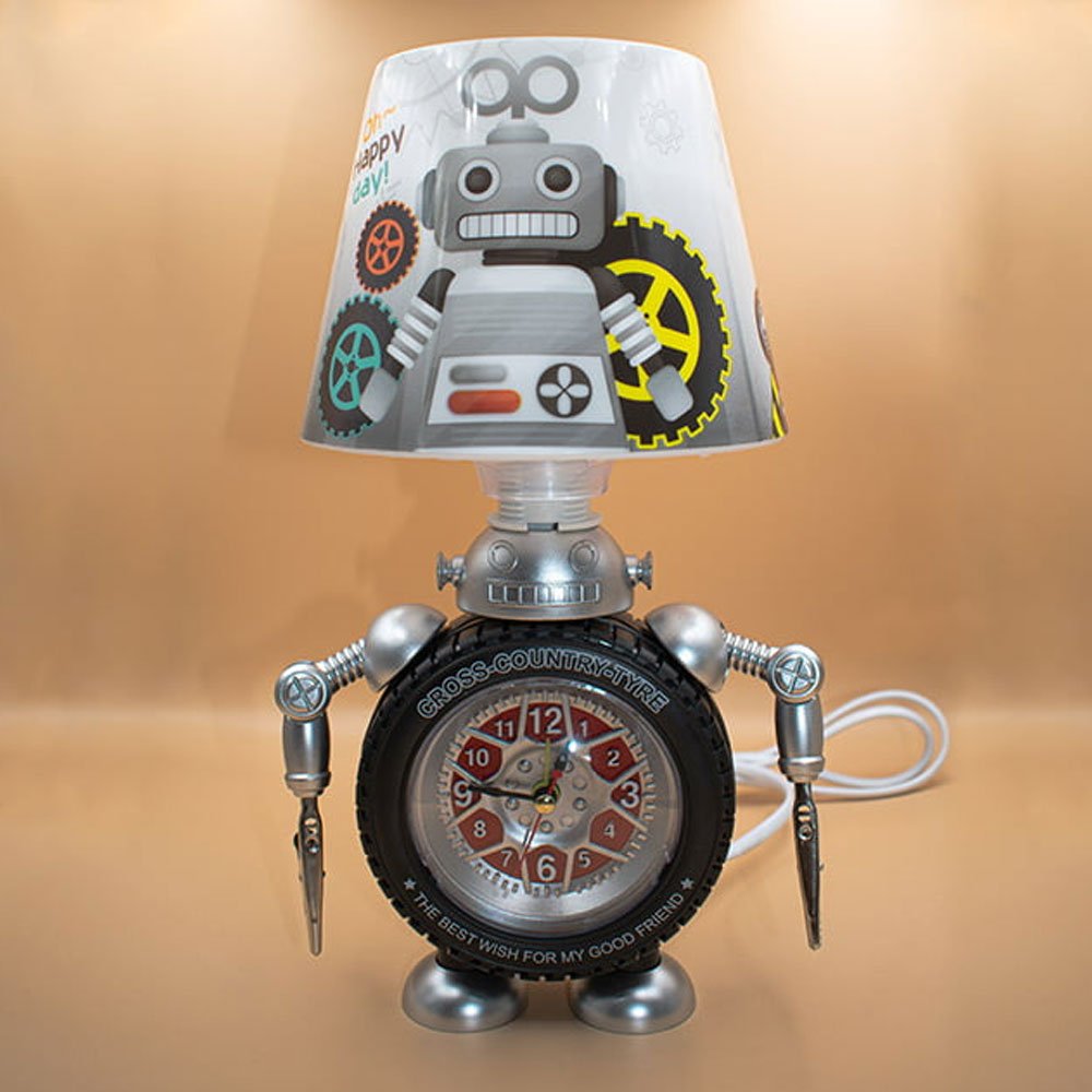 Παιδικό Επιτραπέζιο Φωτιστικό – Πορτατίφ με Ρολόι και Σχέδιο Ρομπότ 15353 Γκρι