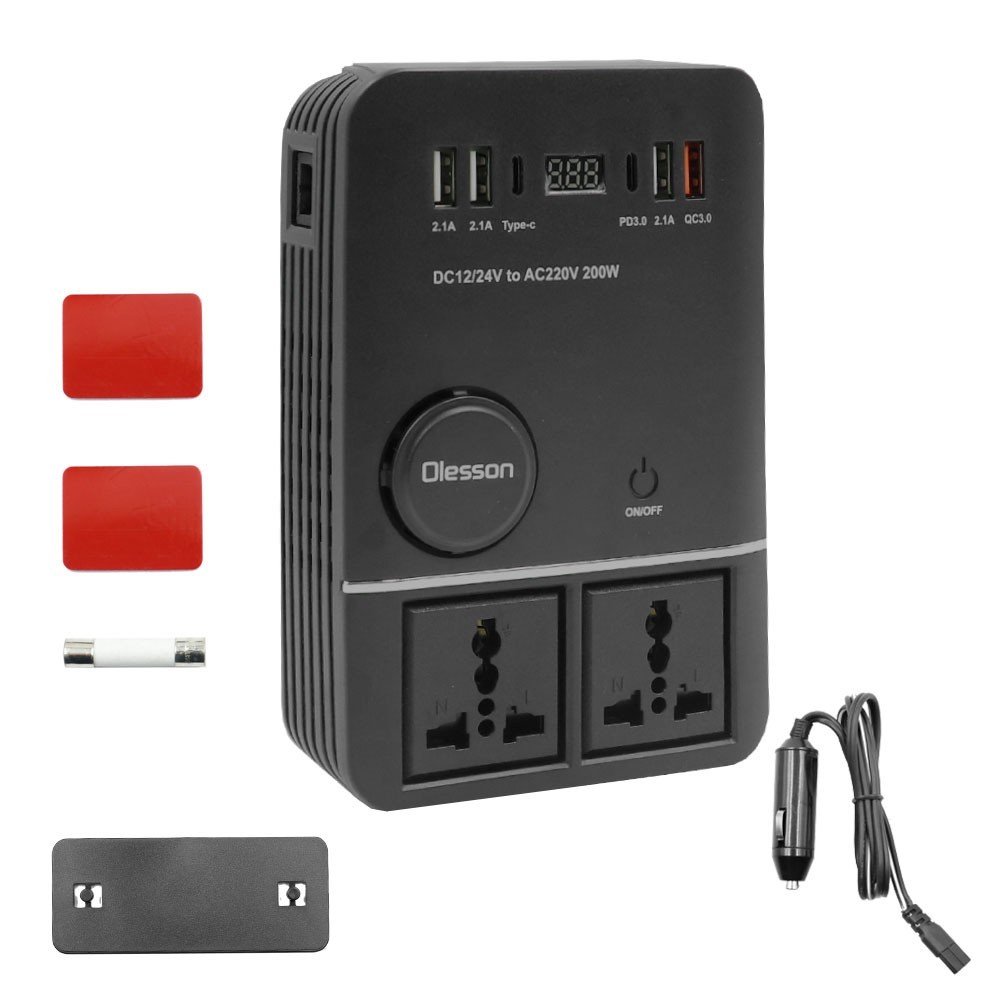 Inverter Αυτοκινήτου 200W για Μετατροπή 12V – 24V DC σε 220V AC με 4xUSB Olesson 1661 Μαύρο