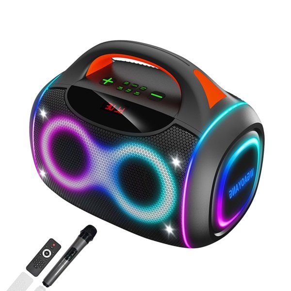 Ασύρματο διπλό ηχείο Bluetooth καραόκε 50W 2×4″, με ασύρματο μικρόφωνο, τηλεχειριστήριο και πολύχρωμο φωτισμό (WGY-4402)