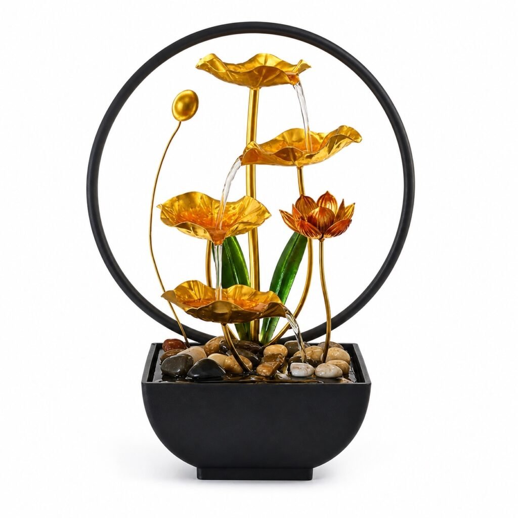 Διακοσμητικό Συντριβάνι Feng Shui με Χρυσά Λουλούδια Λωτού 3 επιπέδων & Φωτιστικό 30x18x38 cm LED (ZG72791)