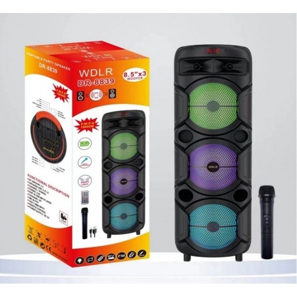 Ασύρματο τριπλό ηχείο Karaoke Partybox Bluetooth, ηχείο subwoofer 25W 3×8.5″ με ασύρματο μικρόφωνο, τηλεχειριστήριο και RGB φωτισμό (DR-8839)