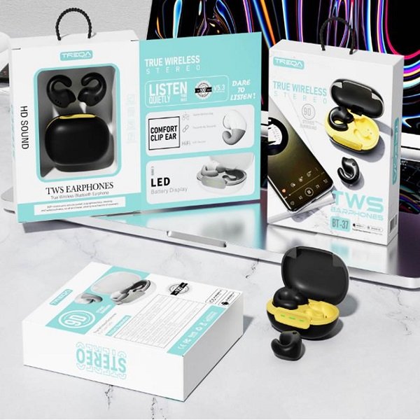 In-ear Bluetooth 5.3 Handsfree Ακουστικά με Αντοχή στον Ιδρώτα και Θήκη Φόρτισης με οθόνη LED Κίτρινα (BT-37)