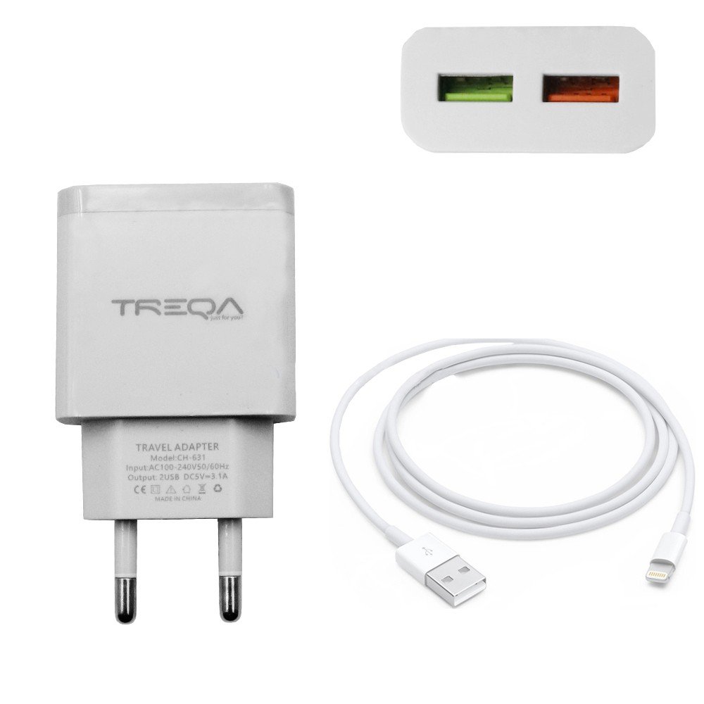 Φορτιστής Ταχείας Φόρτισης με 2 Θύρες USB 3.1A και Καλώδιο Lightning 1m Treqa Λευκό (CH-631-L)