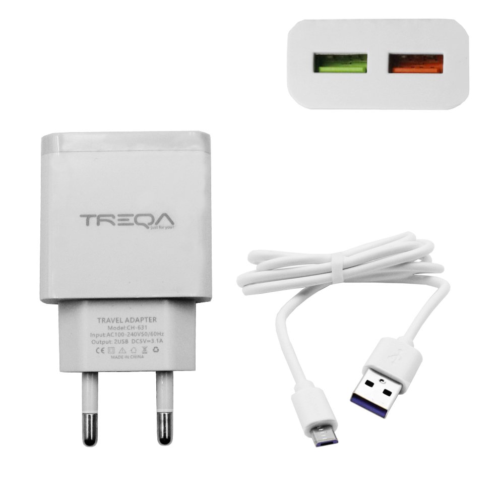 Φορτιστής Ταχείας Φόρτισης Με 2 Θύρες USB 3.1A και Καλώδιο Micro USB 1m Treqa Λευκό (CH-631-M)