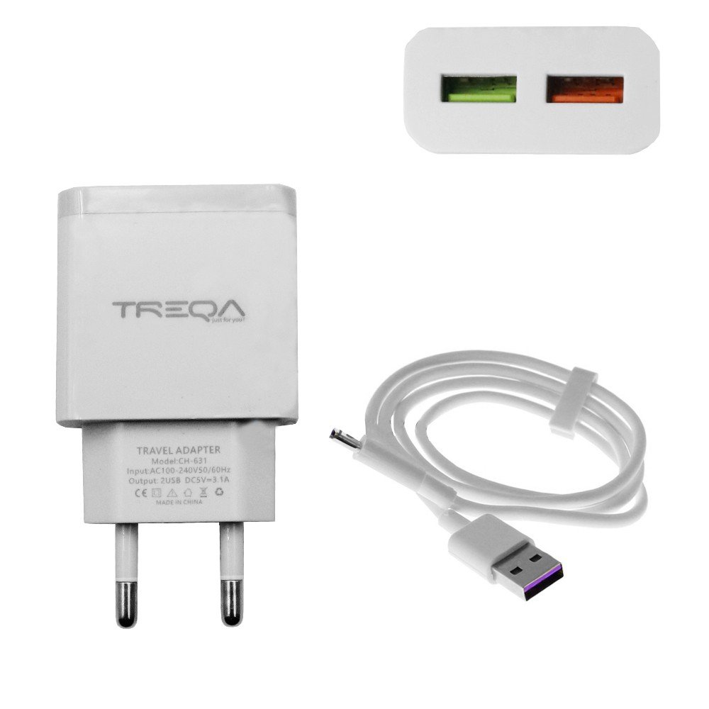 Φορτιστής Ταχείας Φόρτισης με 2 Θύρες USB 3.1A και Καλώδιο USB Type-C 1m Treqa Λευκό (CH-631-TC)