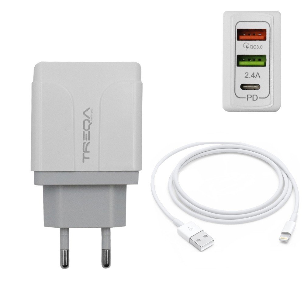 Φορτιστής Ταχείας Φόρτισης με 2 Θύρες USB 5.4A, 1 θύρα USB-C PD 38W και Καλώδιο Lightning 1m Treqa Λευκό (CH-640-L)