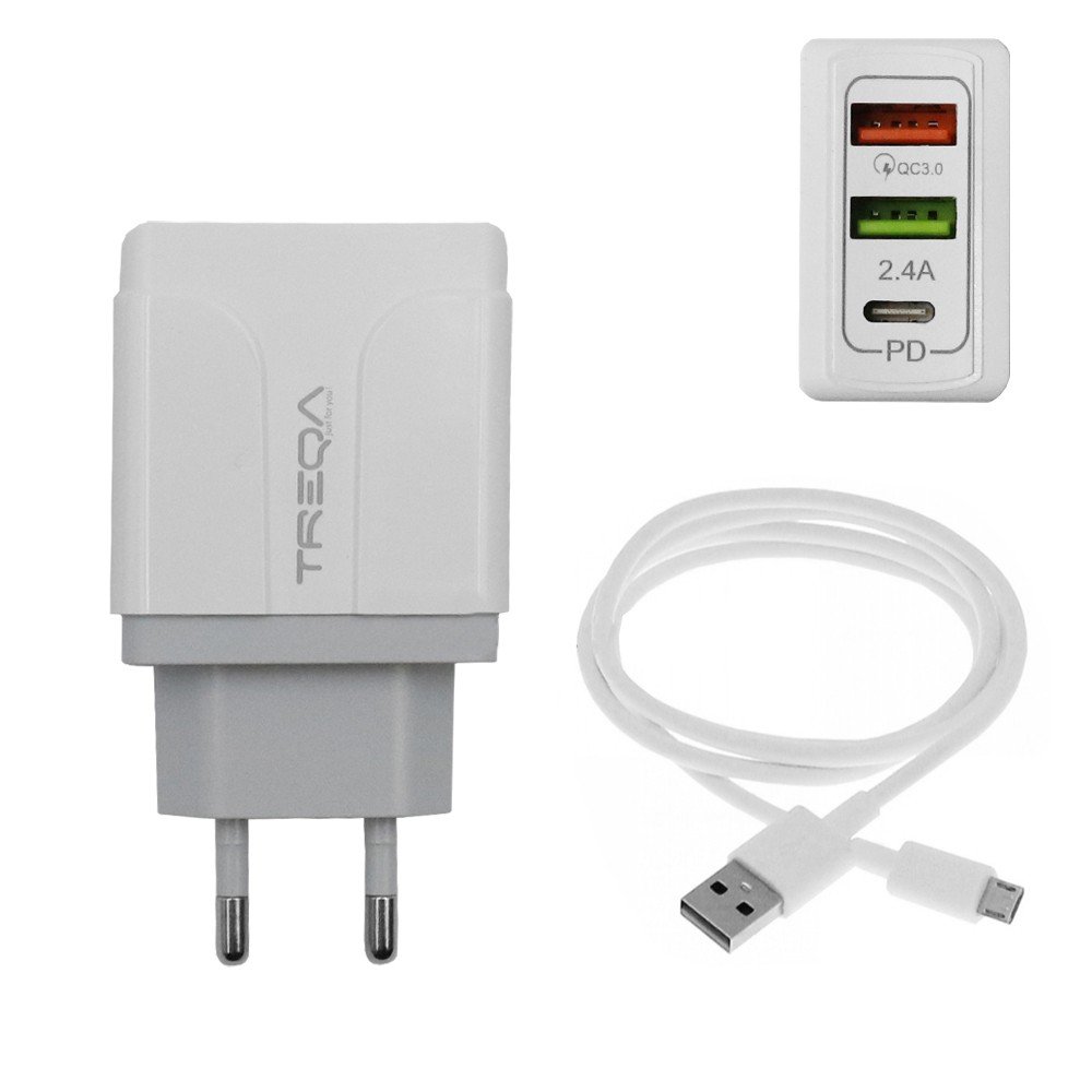 Φορτιστής Ταχείας Φόρτισης με 2 Θύρες USB 5.4A, 1 θύρα USB-C PD 38W και Καλώδιο Micro USB 1m Treqa Λευκό (CH-640-M)