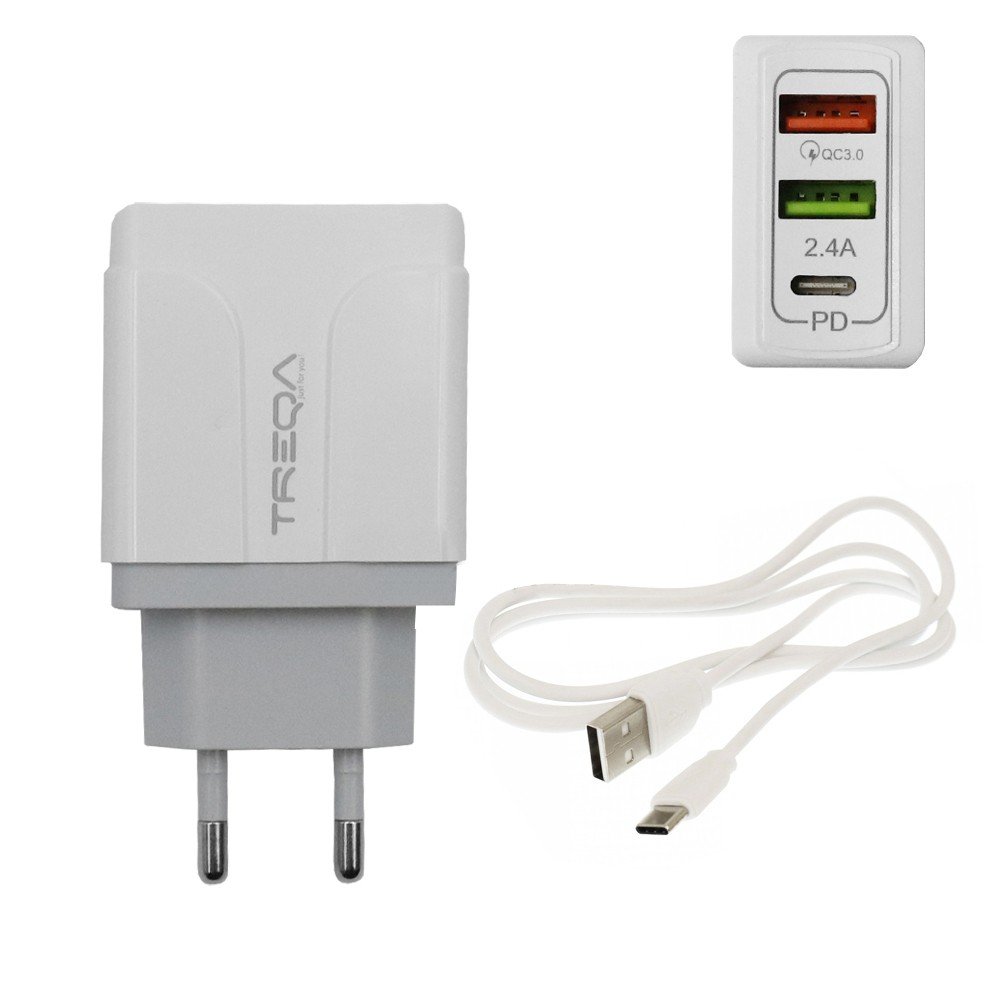 Φορτιστής Ταχείας Φόρτισης με 2 Θύρες USB 5.4A, 1 θύρα USB-C PD 38W και Καλώδιο USB Type-C 1m Treqa Λευκό (CH-640-TC)