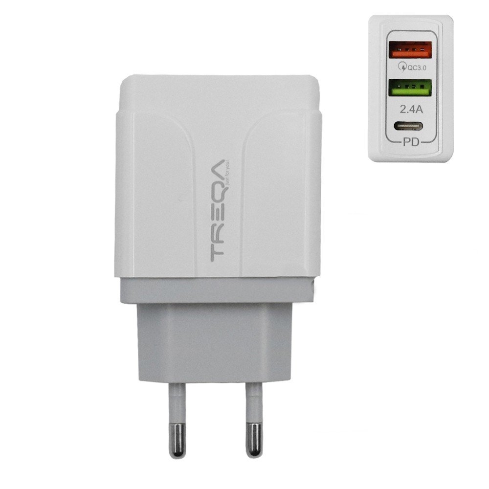 Φορτιστής Ταχείας Φόρτισης με 2 Θύρες USB 5.4A, 1 θύρα USB-C PD 38W Χωρίς Καλώδιο Treqa Λευκό (CH-640)