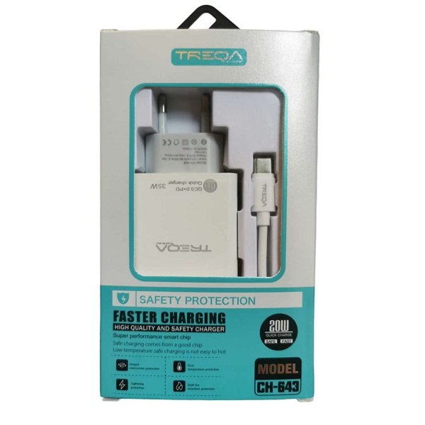 Φορτιστής ταχείας φόρτισης με Θύρα USB-A και Θύρα USB-C και Καλώδιο TYPE-C 35W Λευκός (CH-643-TYPEC)
