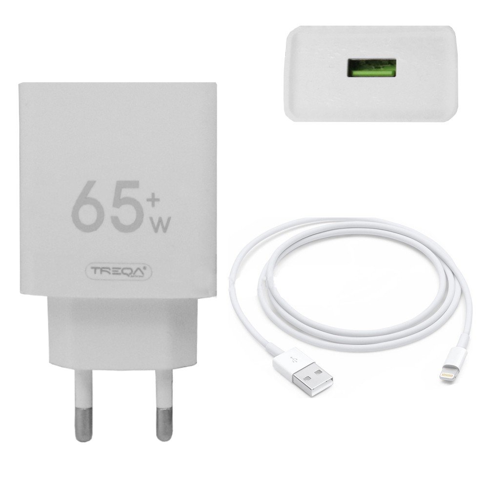 Φορτιστής Ταχείας Φόρτισης με 1 Θύρα USB 4.5A 65W και Καλώδιο Lightning 1m Treqa Λευκό (CS-228)