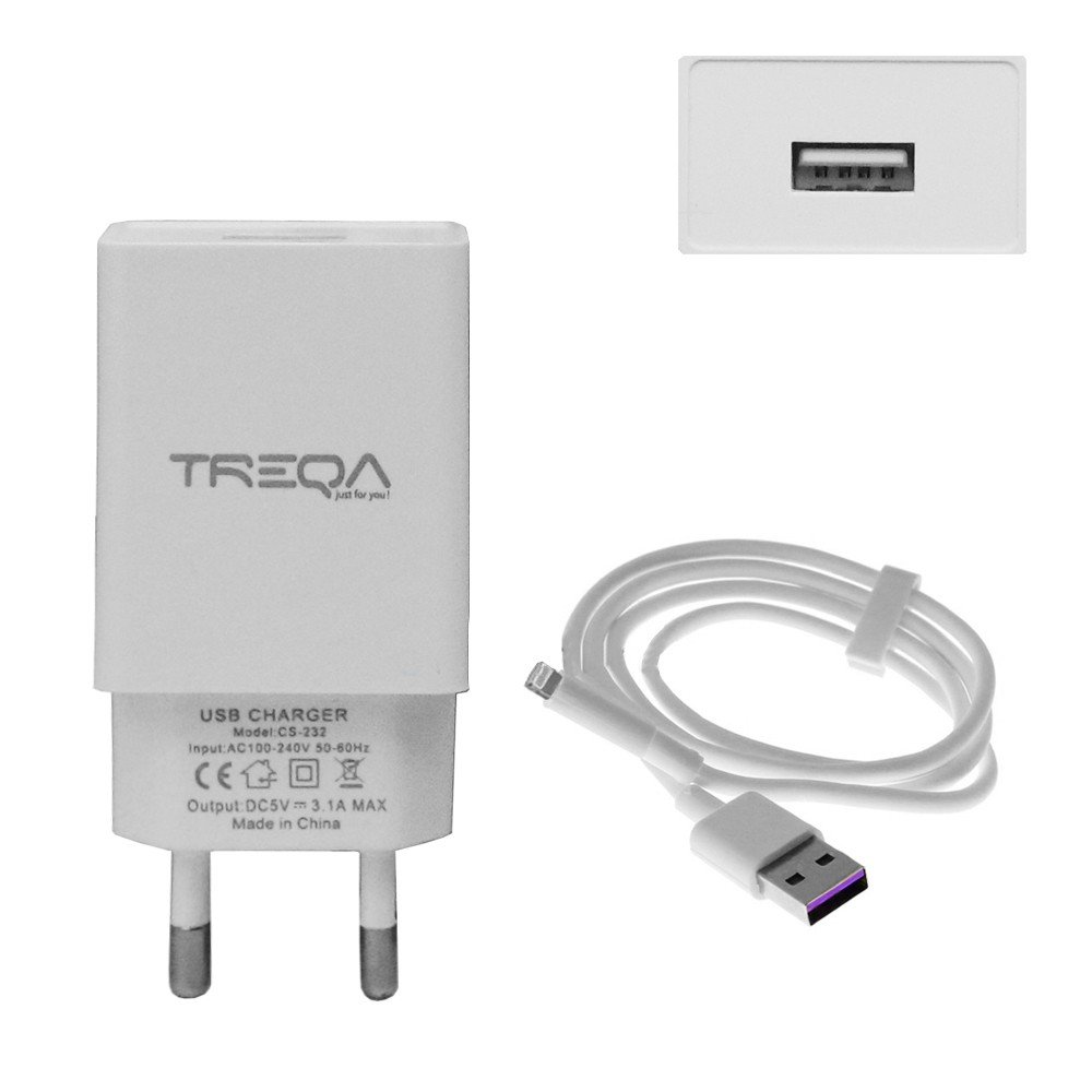 Φορτιστής Ταχείας Φόρτισης με 1 Θύρα USB 3.1A και Καλώδιο Lightning 1m Treqa Λευκό (CS-232)
