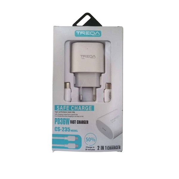 Φορτιστής ταχείας φόρτισης με Θύρα USB-C και Καλώδιο TYPE-C σε TYPE-C 36W Λευκός (CS-235)