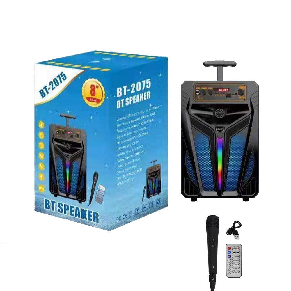 Φορητό Ασύρματο Ηχείο 8″ Bluetooth FM, USB, TF, AUX 20W TWS με Λαβή Μεταφοράς Μαύρο (BT-2075)
