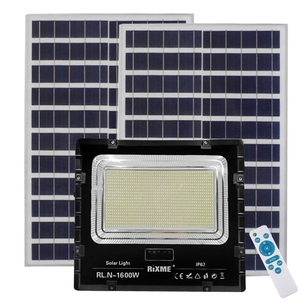 LED Αδιάβροχος Ηλιακός Προβολέας 1600W 83600LM με 2 Πάνελ & Τηλεχειριστήριο IP67 Rixme (RL.N-1600W)
