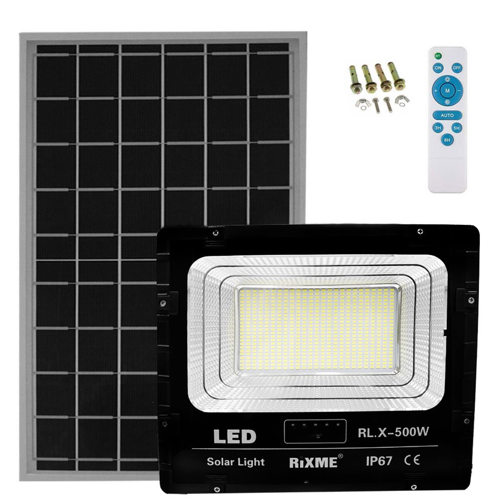 LED Αδιάβροχος Ηλιακός Προβολέας 500W 46000LM με Πάνελ & Τηλεχειριστήριο IP66 Rixme (RL.X-500W)