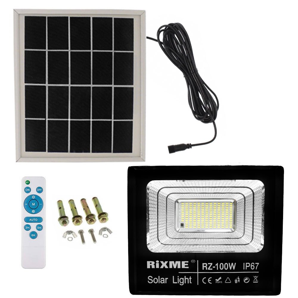 LED Αδιάβροχος Ηλιακός Προβολέας 100W 12480LM με Πάνελ και Τηλεχειριστήριο Rixme (RZ-100W)
