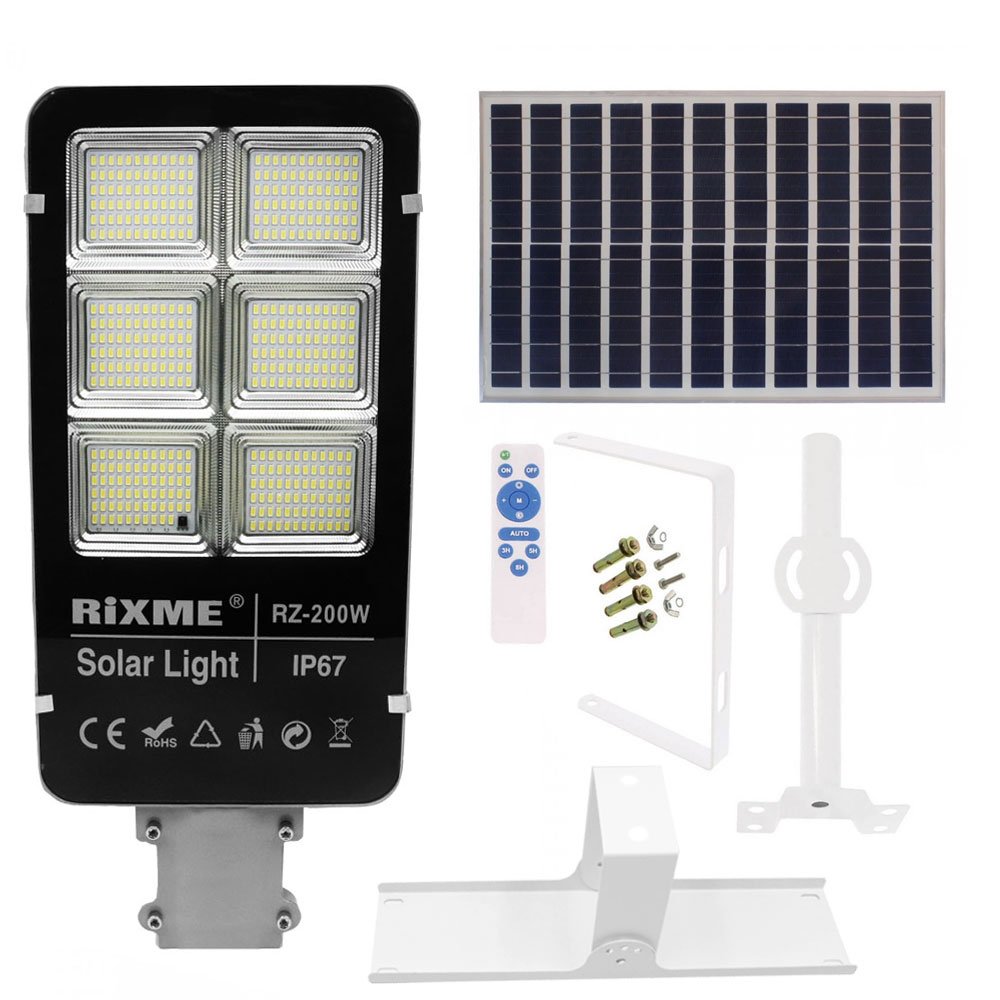 LED Ηλιακό Φωτιστικό Δρόμου 200W 34400LM με Βάση Στήριξης & Τηλεχειριστήριο IP67 Rixme (RZ-200W)