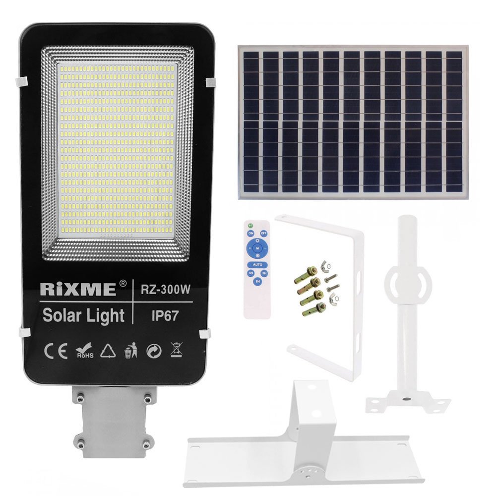 LED Ηλιακό Φωτιστικό Δρόμου 300W 50400LM με Βάση Στήριξης & Τηλεχειριστήριο IP67 Rixme (RZ-300W)