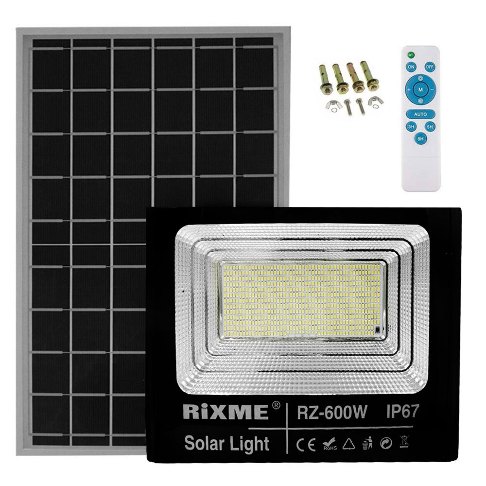 LED Αδιάβροχος Ηλιακός Προβολέας 600W 52000LM με Πάνελ & Τηλεχειριστήριο IP66 Rixme (RZ-600W)