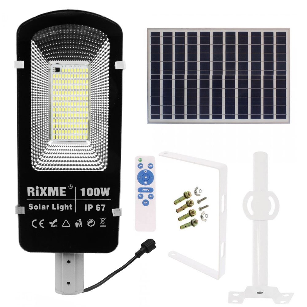 LED Ηλιακό Φωτιστικό Δρόμου 100W 12480LM με Βάση Στήριξης & Τηλεχειριστήριο IP67 Rixme (RZ-6610)