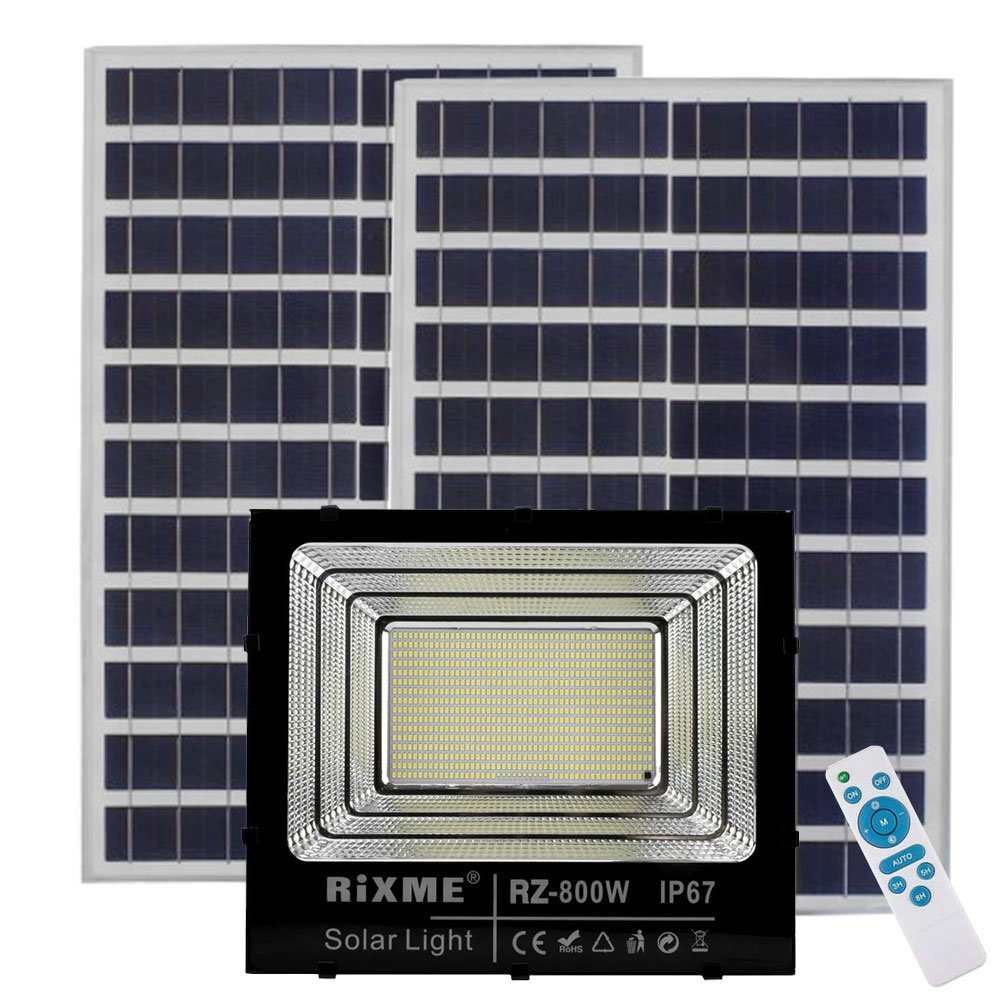 LED Αδιάβροχος Ηλιακός Προβολέας 800W 64000LM με 2 Πάνελ & Τηλεχειριστήριο IP67 Rixme (RZ-800W)