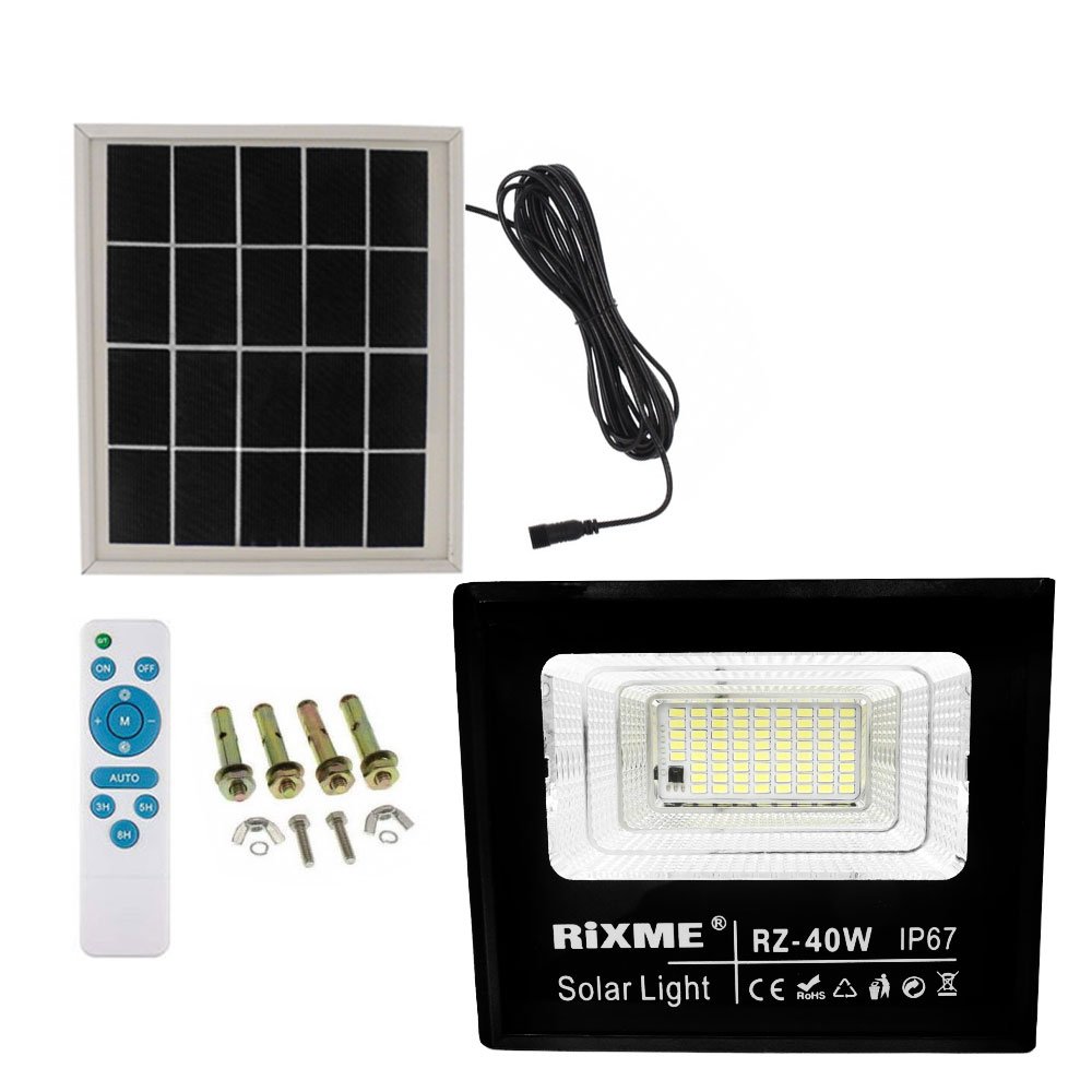 LED Αδιάβροχος Ηλιακός Προβολέας 40W 5600LM με Πάνελ & Τηλεχειριστήριο IP66 Rixme (RZSL-8200)