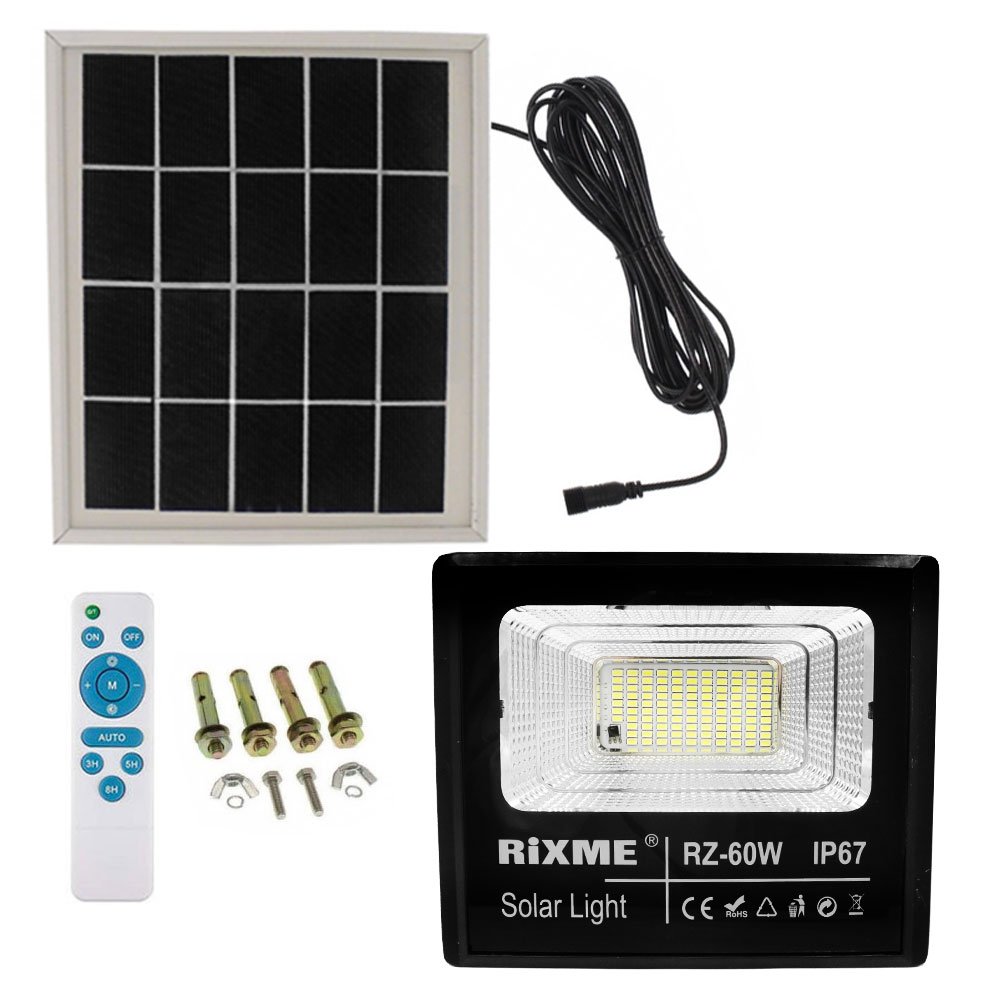 LED Αδιάβροχος Ηλιακός Προβολέας 60W 8800LM με Πάνελ & Τηλεχειριστήριο IP66 Rixme (RZSL-8300)