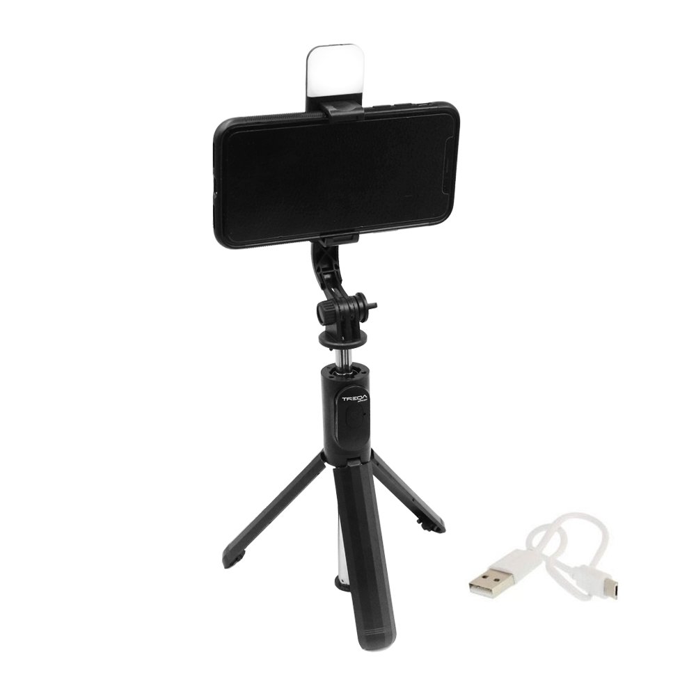Selfie Stick με Τρίποδο, Τηλεχειριστήριο Bluetooth και LED Φως Treqa Μαύρο (Selfie-04)
