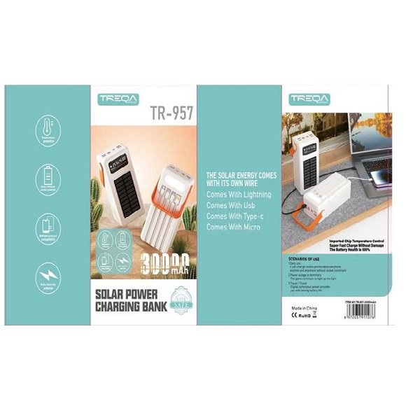 Ηλιακό Powerbank 4 εξόδων 30000 mAh με καλώδια εξόδου και ενσωματωμένο φακό Λευκό (TR-957-3W)