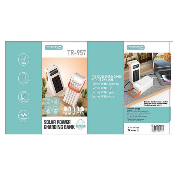 Ηλιακό Powerbank 4 εξόδων 40000 mAh με καλώδια εξόδου και ενσωματωμένο φακό Λευκό (TR-957-4W)