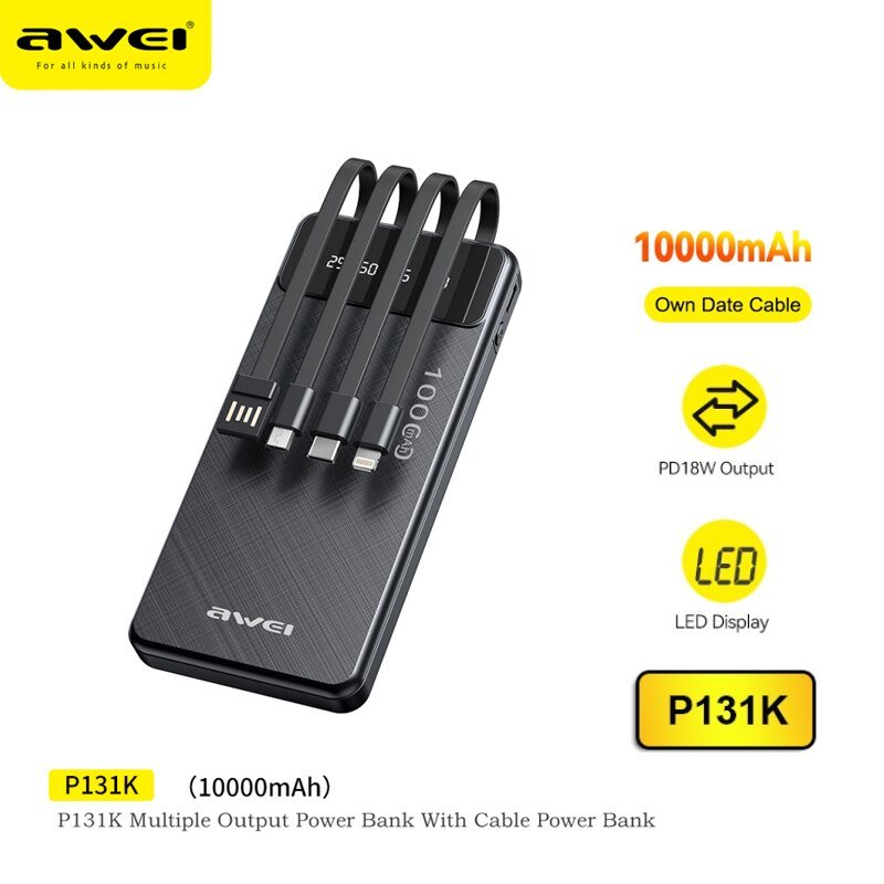 Powerbank 10000 mAh με Ενσωματωμένα Καλώδια Φόρτισης και Θύρα USB-C Awei Μαύρο (P131K)