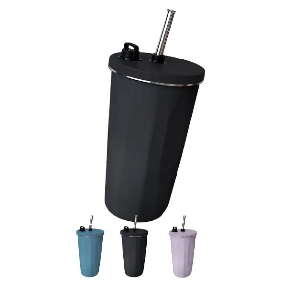 Θερμός-Ποτήρι με Μεταλλικό Καλαμάκι 600ml (JB-293) Μαύρο/Ροζ/Πράσινο